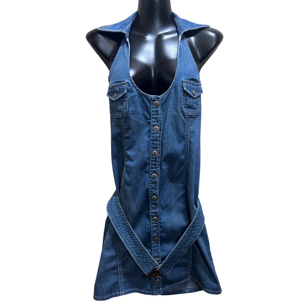 VTG GUESS Denim Y2K Halter Mini Dress Sz 11 Blue Snap Front Rave Drop Waist Belt